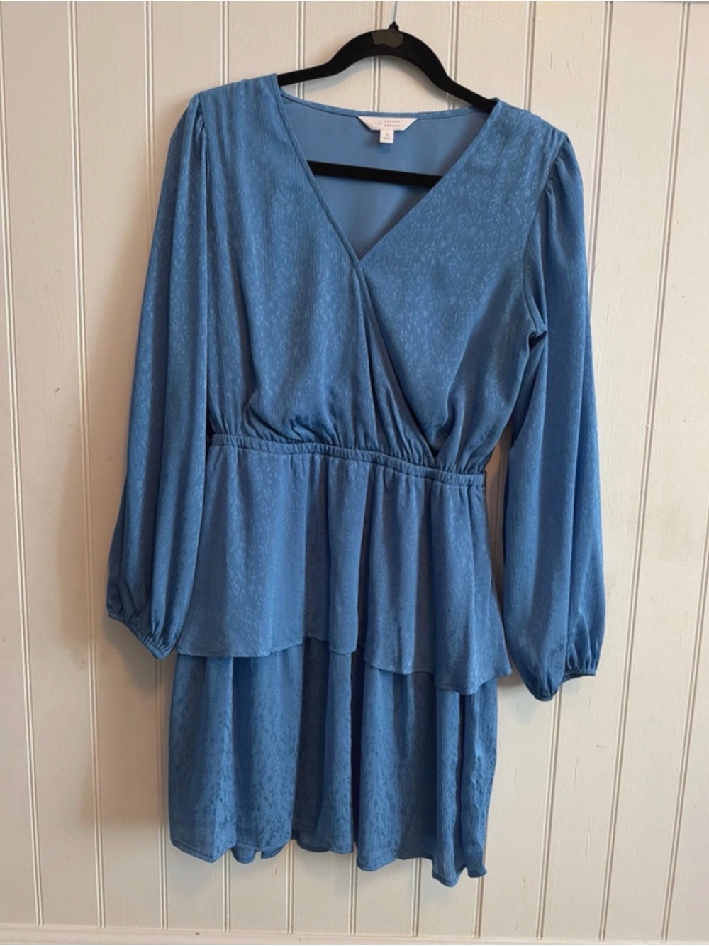 LC Lauren Conrad Dusty Blue V-Neck Long Sleeve Tiered Mini Dress